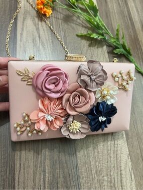 Blush Pink Floral Appliqué Evening Clutch with Gold Chain